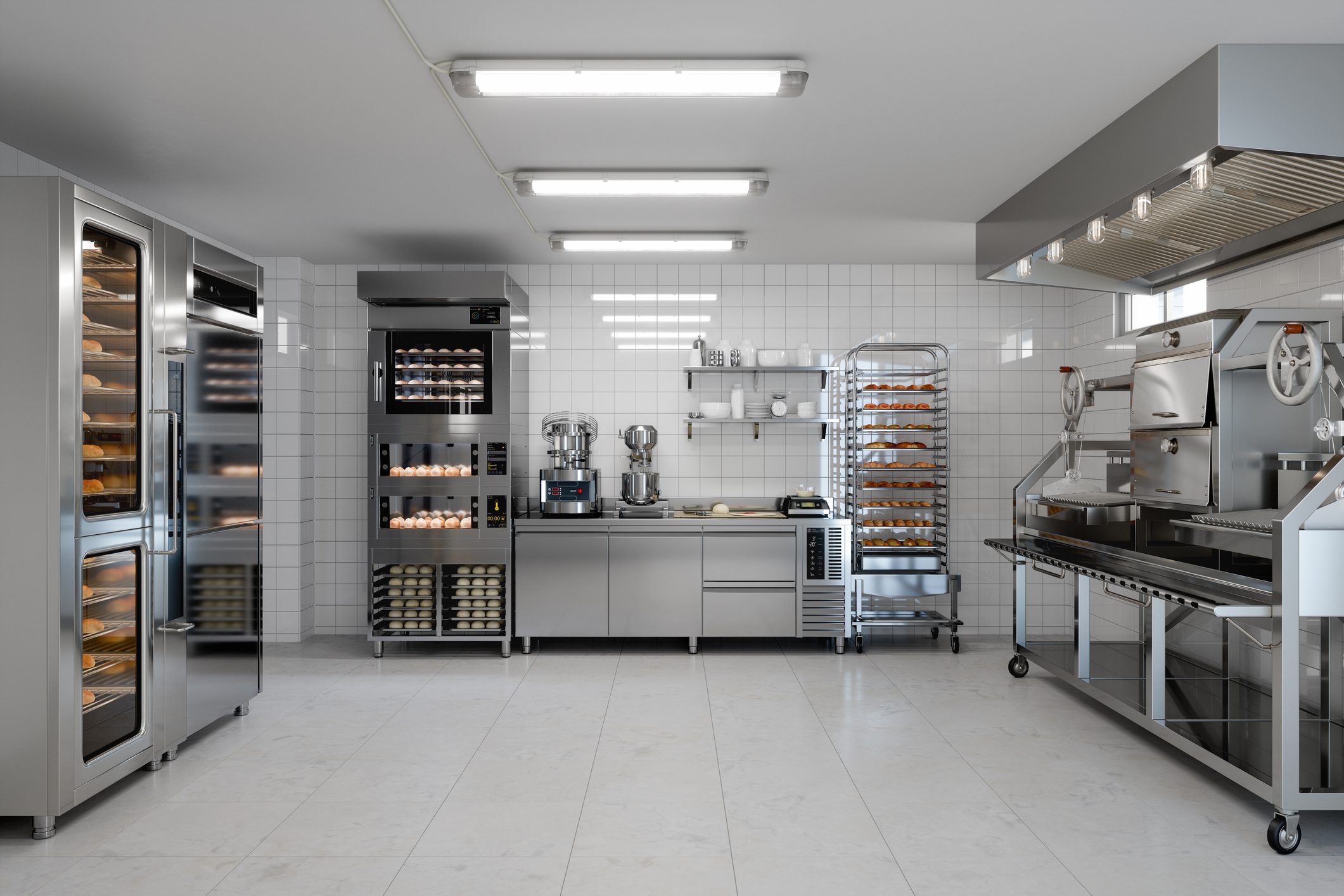 Modern Commercial Kitchen Interior With Bakery Products, Kitchen Utensils And Equipments