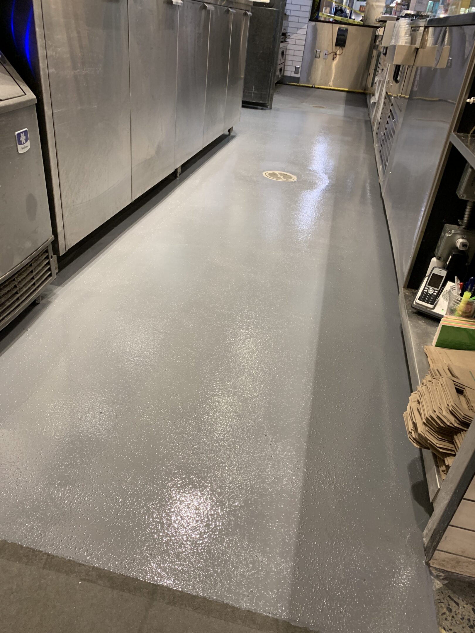 Polished restaurant kitchen flooring